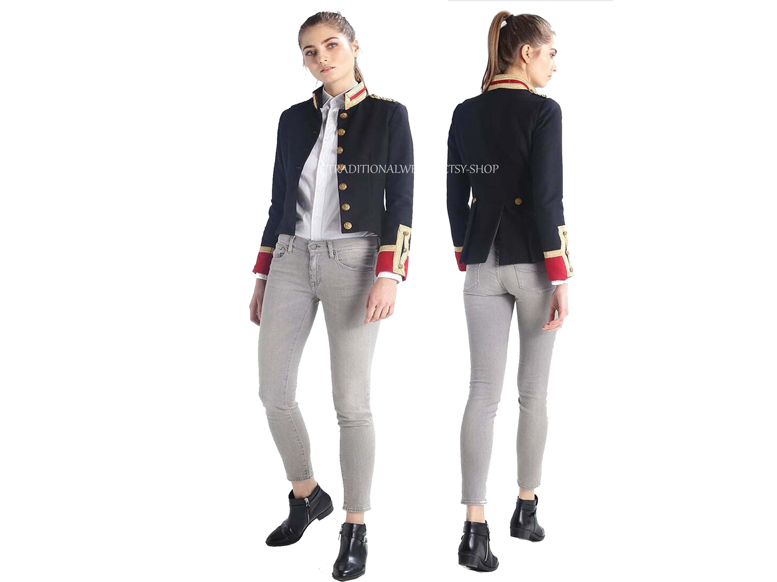 Ladies Black and Red Wool Military Commander Officer Hussar Gothic Blazer Banned Admiral Army Jacket