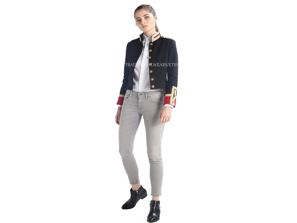 Ladies Black and Red Wool Military Commander Officer Hussar Gothic Blazer Banned Admiral Army Jacket
