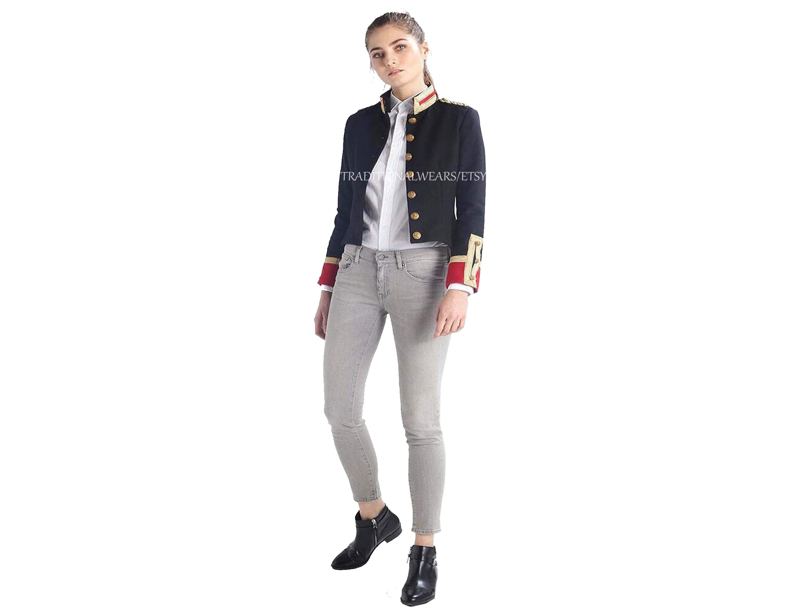 Ladies Black and Red Wool Military Commander Officer Hussar Gothic Blazer Banned Admiral Army Jacket