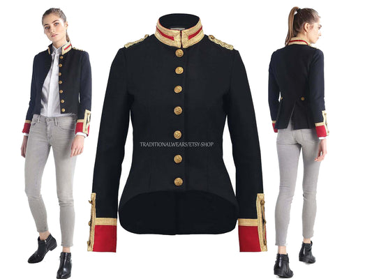 Ladies Black and Red Wool Military Commander Officer Hussar Gothic Blazer Banned Admiral Army Jacket