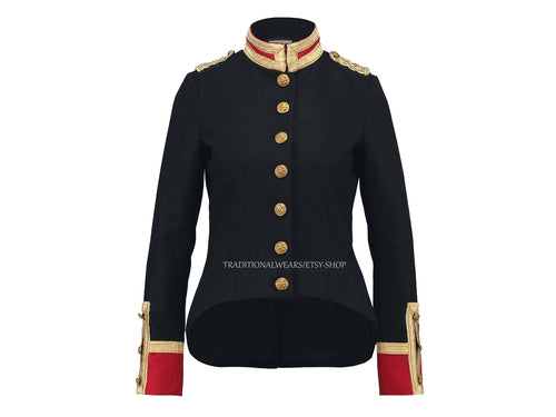 Ladies Black and Red Wool Military Commander Officer Hussar Gothic Blazer Banned Admiral Army Jacket