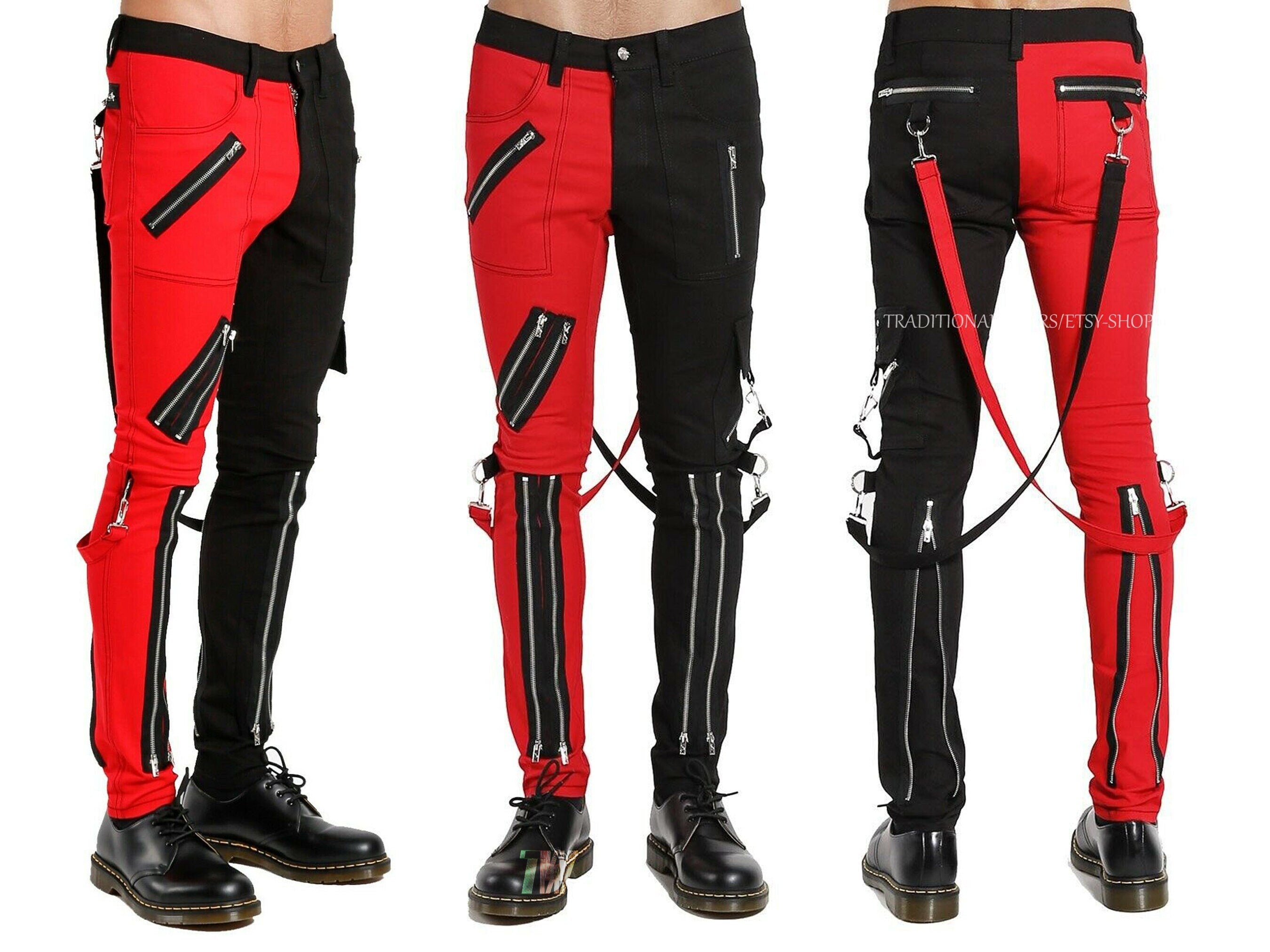 Men Gothic Bondage Gents Pant Red Black Cotton Pants Rock Hard Trouser Heavy Weight Pant EMO Fetish Pants