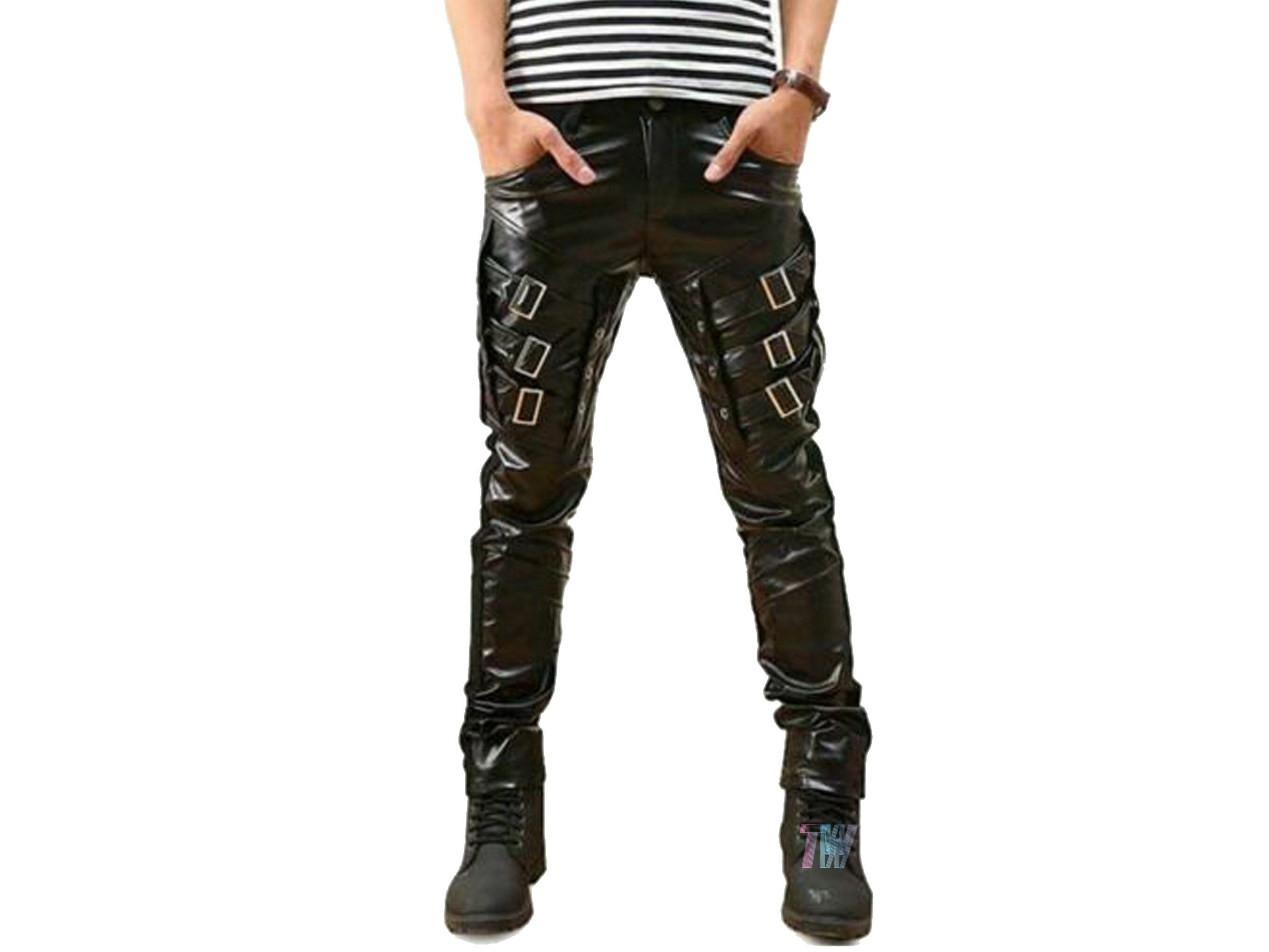 Men Gothic Punk Buckles Black PU Faux Leather Pants