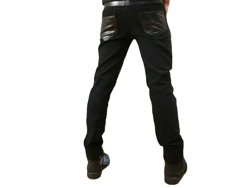 Men Gothic Punk Buckles Black PU Faux Leather Pants