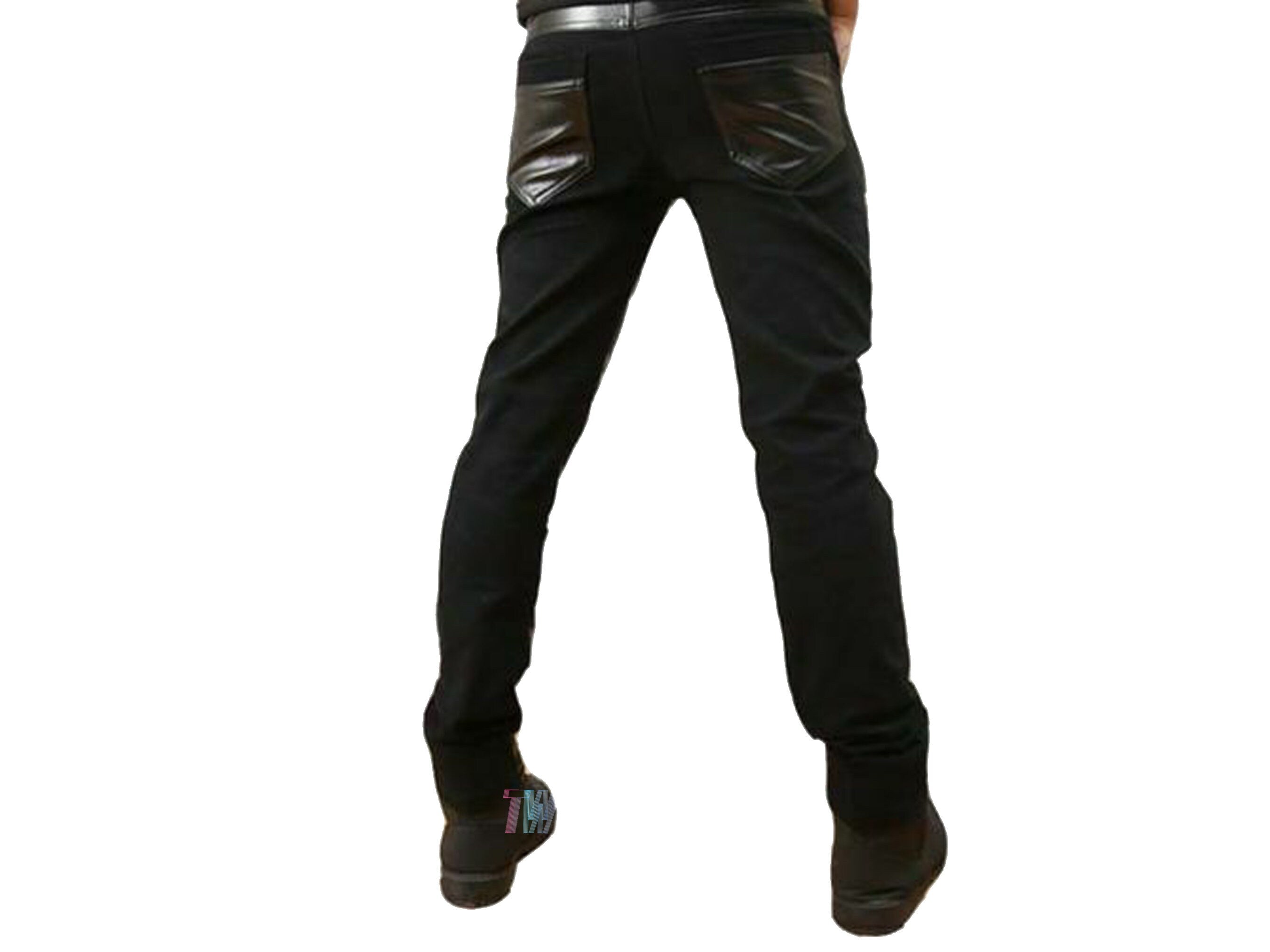 Men Gothic Punk Buckles Black PU Faux Leather Pants