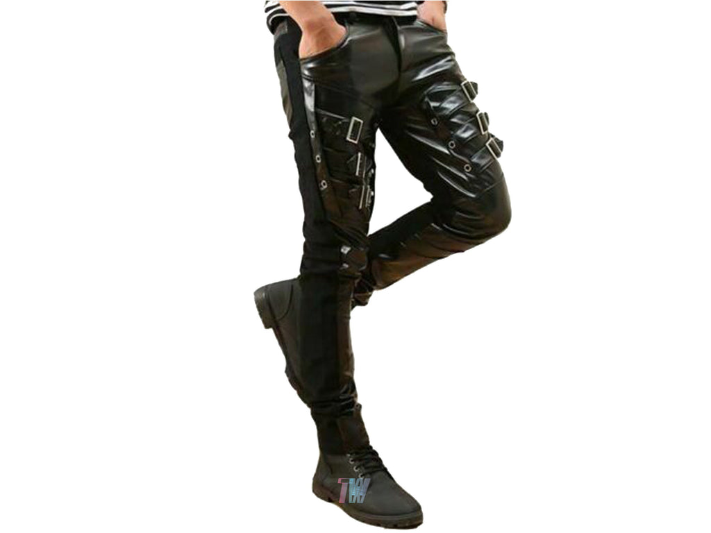 Men Gothic Punk Buckles Black PU Faux Leather Pants