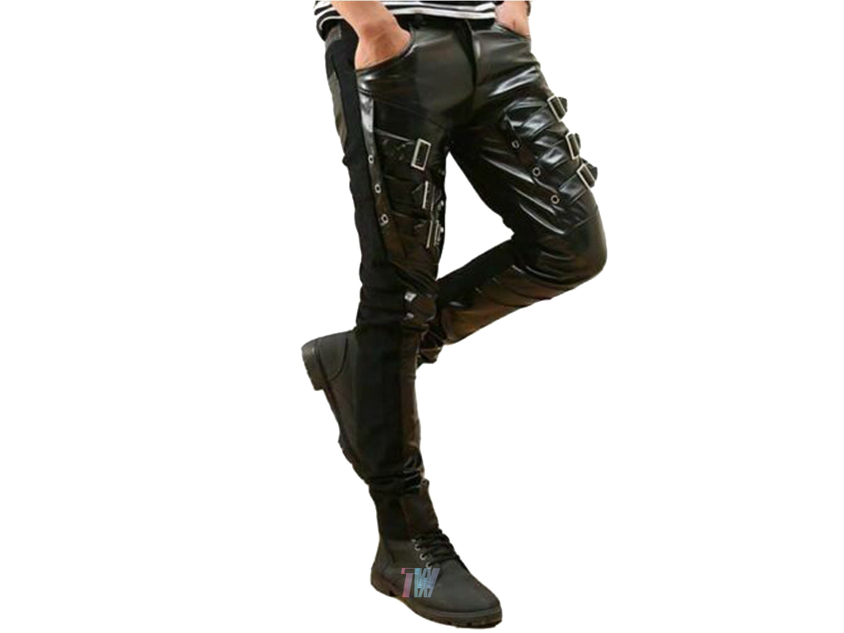 Men Gothic Punk Buckles Black PU Faux Leather Pants