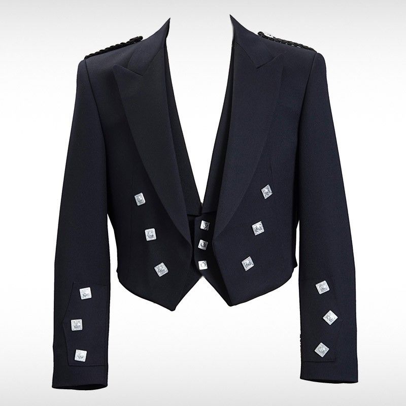 Men's Black Scottish Prince Charlie Kilt Jacket With Waistcoat/Vest - Sizes 36"- 54"