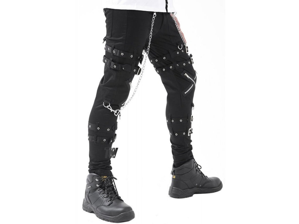 Men's Gothic Dead Threads Pant Black Punk Buckle Zips Chain Strap Punk Trousers