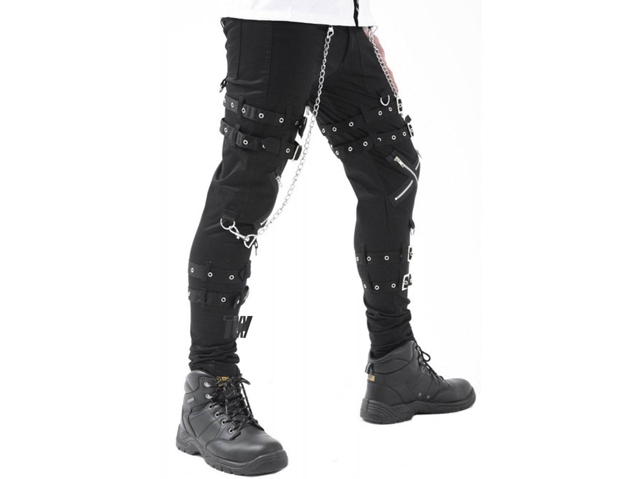 Men's Gothic Dead Threads Pant Black Punk Buckle Zips Chain Strap Punk Trousers