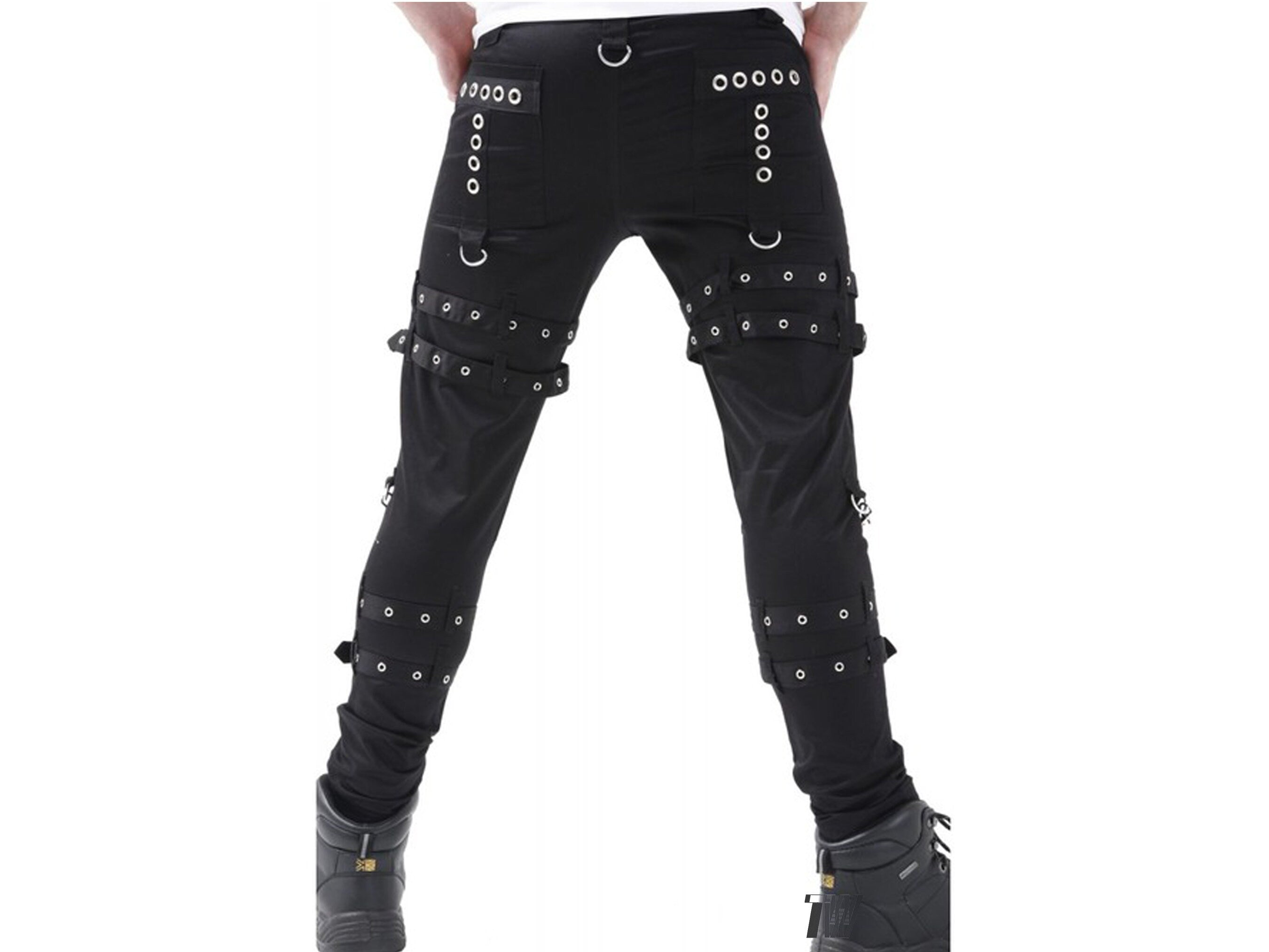 Men's Gothic Dead Threads Pant Black Punk Buckle Zips Chain Strap Punk Trousers
