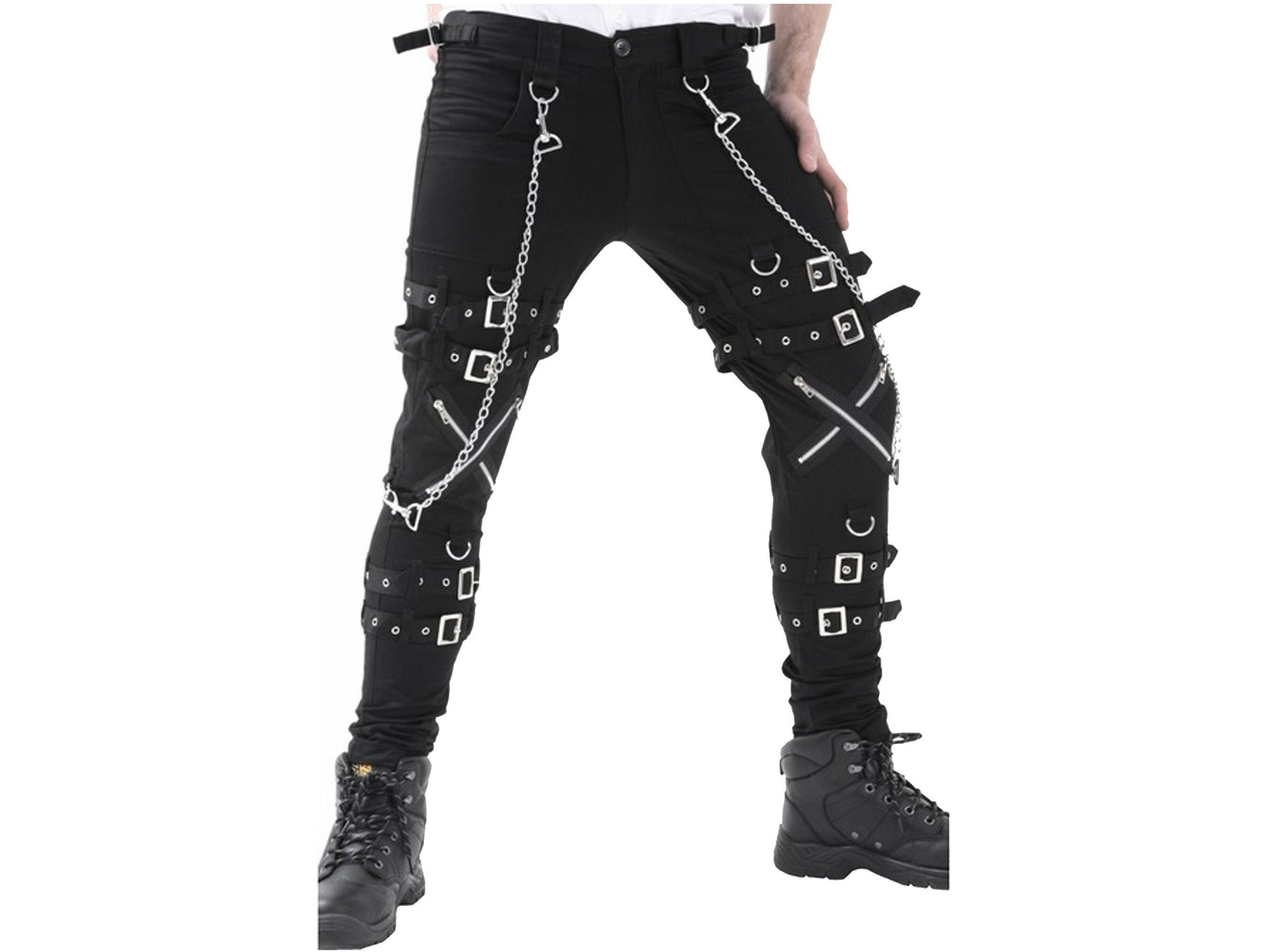 Men's Gothic Dead Threads Pant Black Punk Buckle Zips Chain Strap Punk Trousers