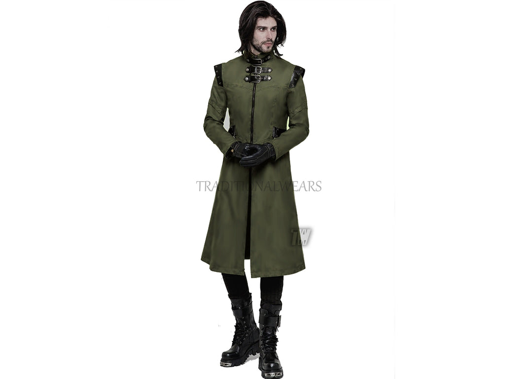 Men's Gothic Military Fashion Style Faux Leather Trench Jacket Steampunk Long Coat