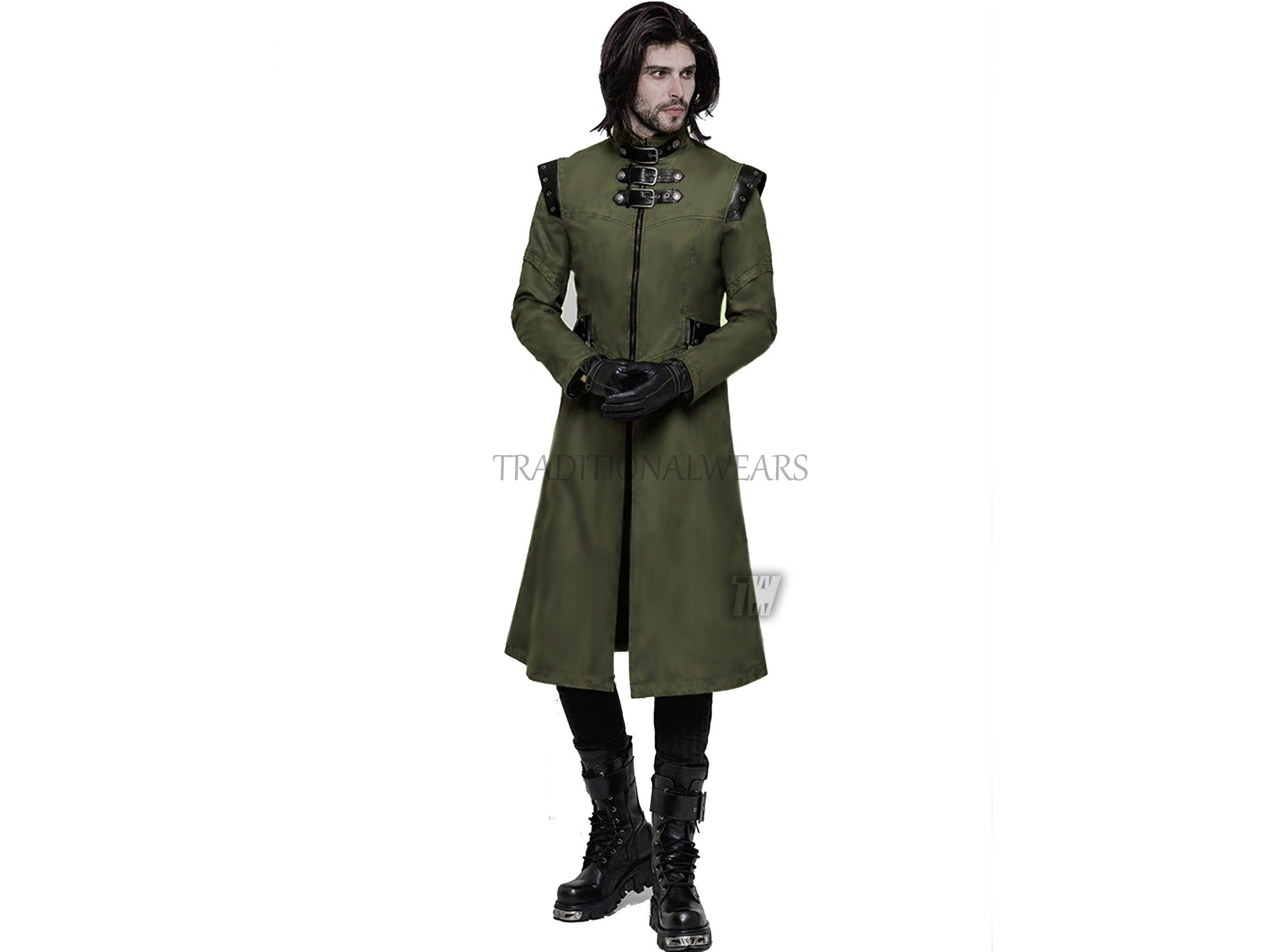 Men's Gothic Military Fashion Style Faux Leather Trench Jacket Steampunk Long Coat