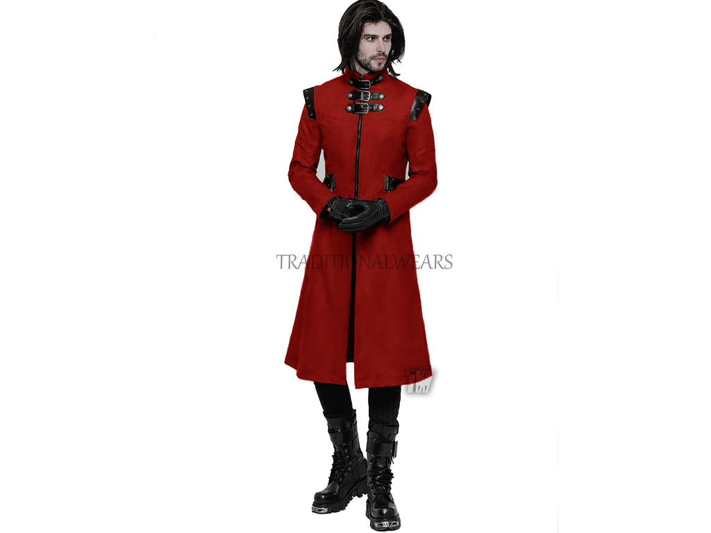 Men's Gothic Military Fashion Style Faux Leather Trench Jacket Steampunk Long Coat