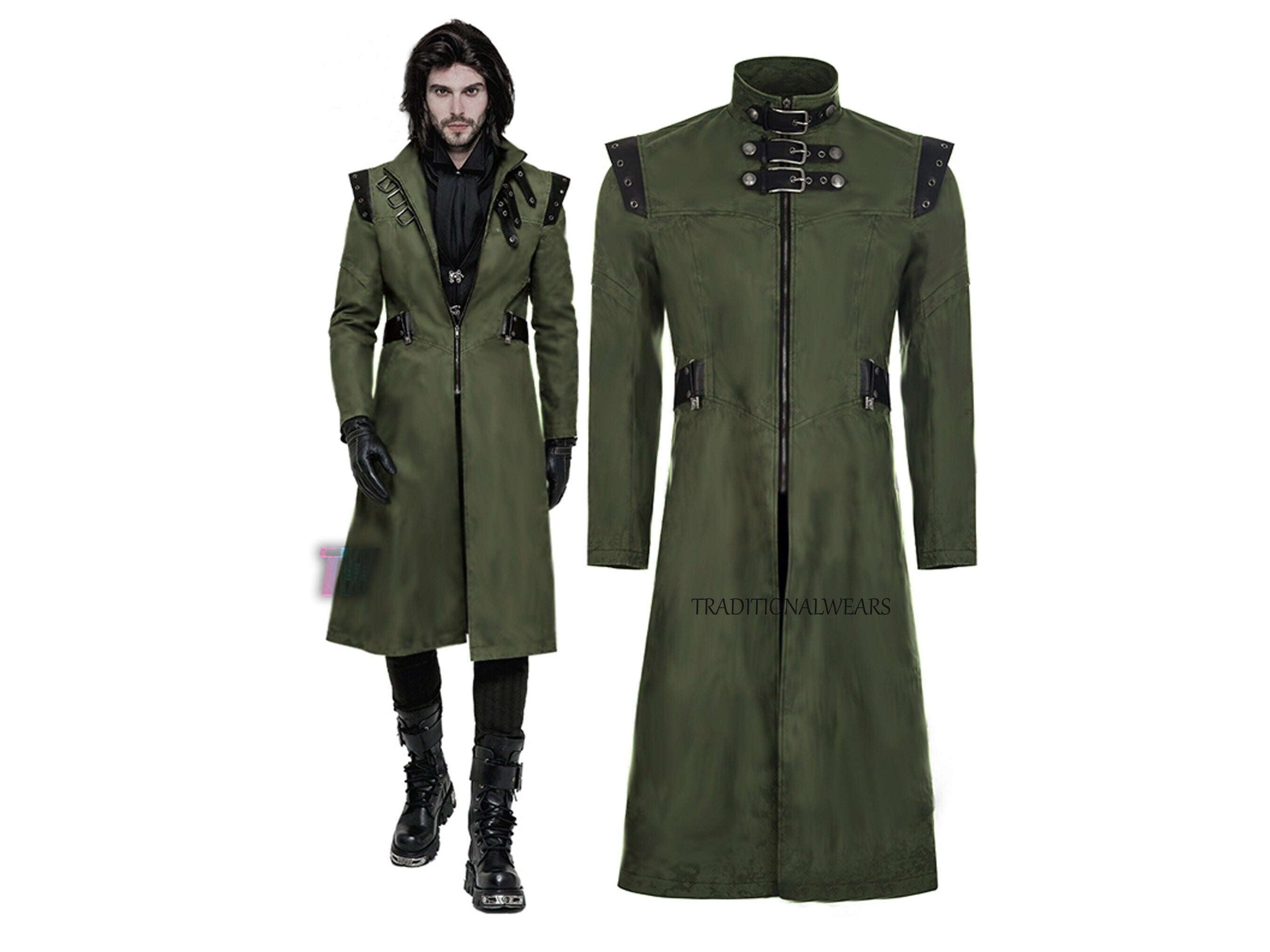 Men's Gothic Military Fashion Style Faux Leather Trench Jacket Steampunk Long Coat