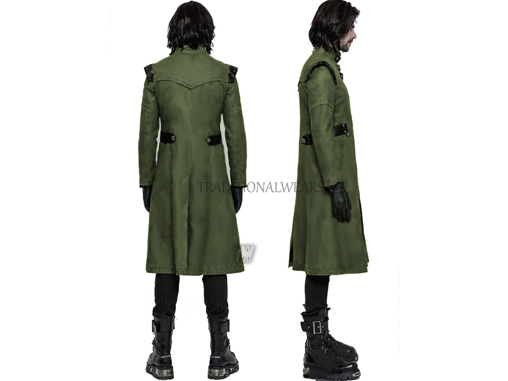 Men's Gothic Military Fashion Style Faux Leather Trench Jacket Steampunk Long Coat