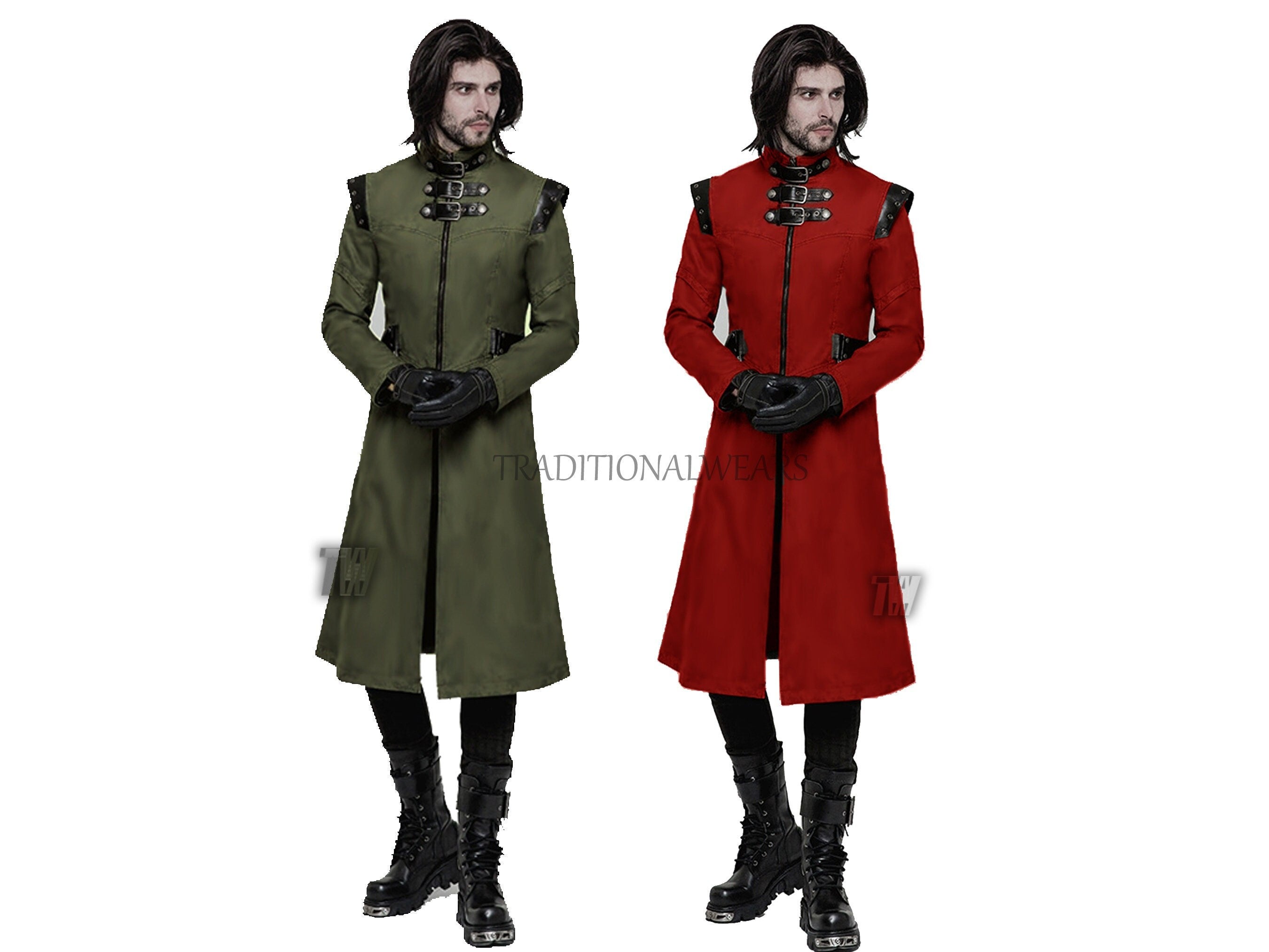 Men's Gothic Military Fashion Style Faux Leather Trench Jacket Steampunk Long Coat