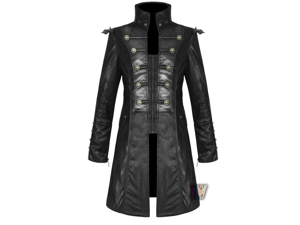 Men's Handmade Pirate Steampunk Jacket Black Goth Punk Faux Leather Military Coat