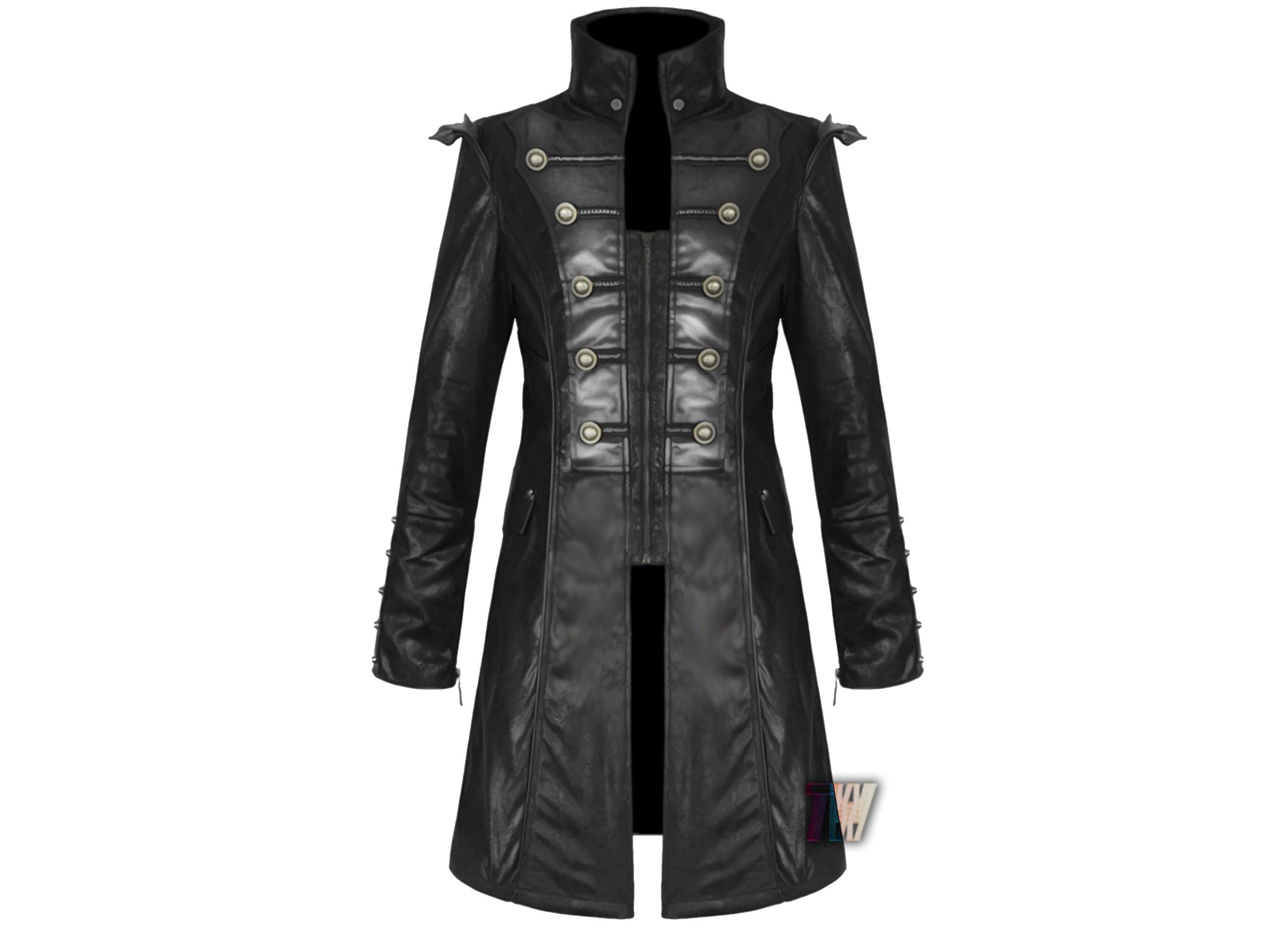 Men's Handmade Pirate Steampunk Jacket Black Goth Punk Faux Leather Military Coat