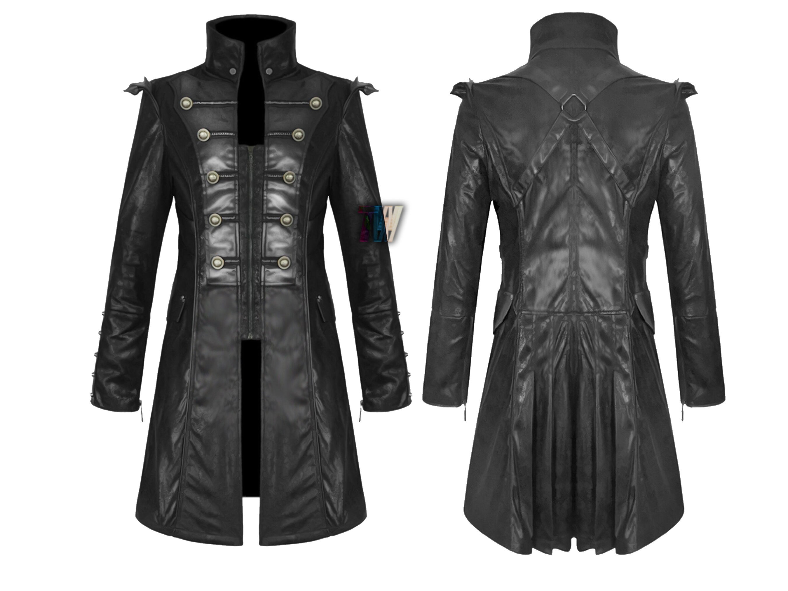 Men's Handmade Pirate Steampunk Jacket Black Goth Punk Faux Leather Military Coat