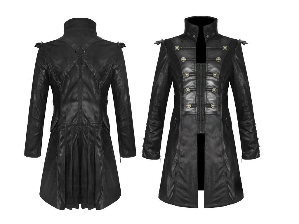 Men's Handmade Pirate Steampunk Jacket Black Goth Punk Faux Leather Military Coat