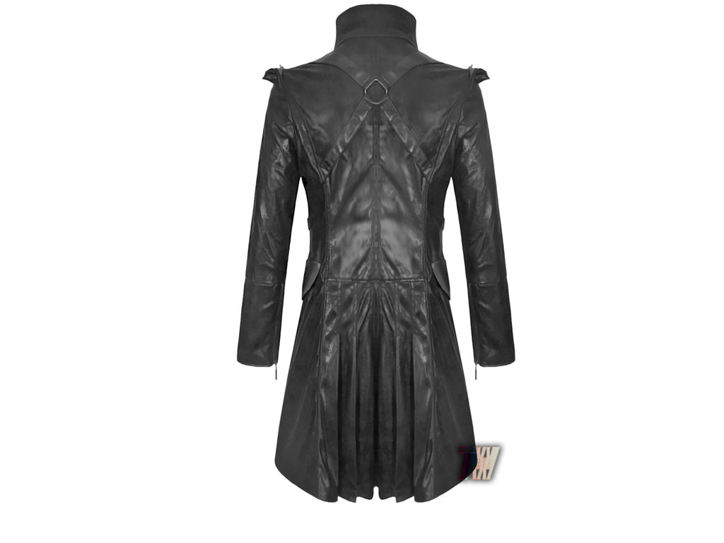 Men's Handmade Pirate Steampunk Jacket Black Goth Punk Faux Leather Military Coat
