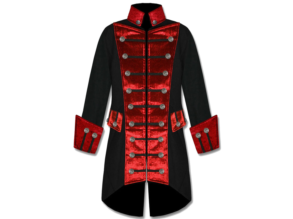 Men's Red Velvet Trim Steampunk Vampire Goth Jacket Pirate Coat