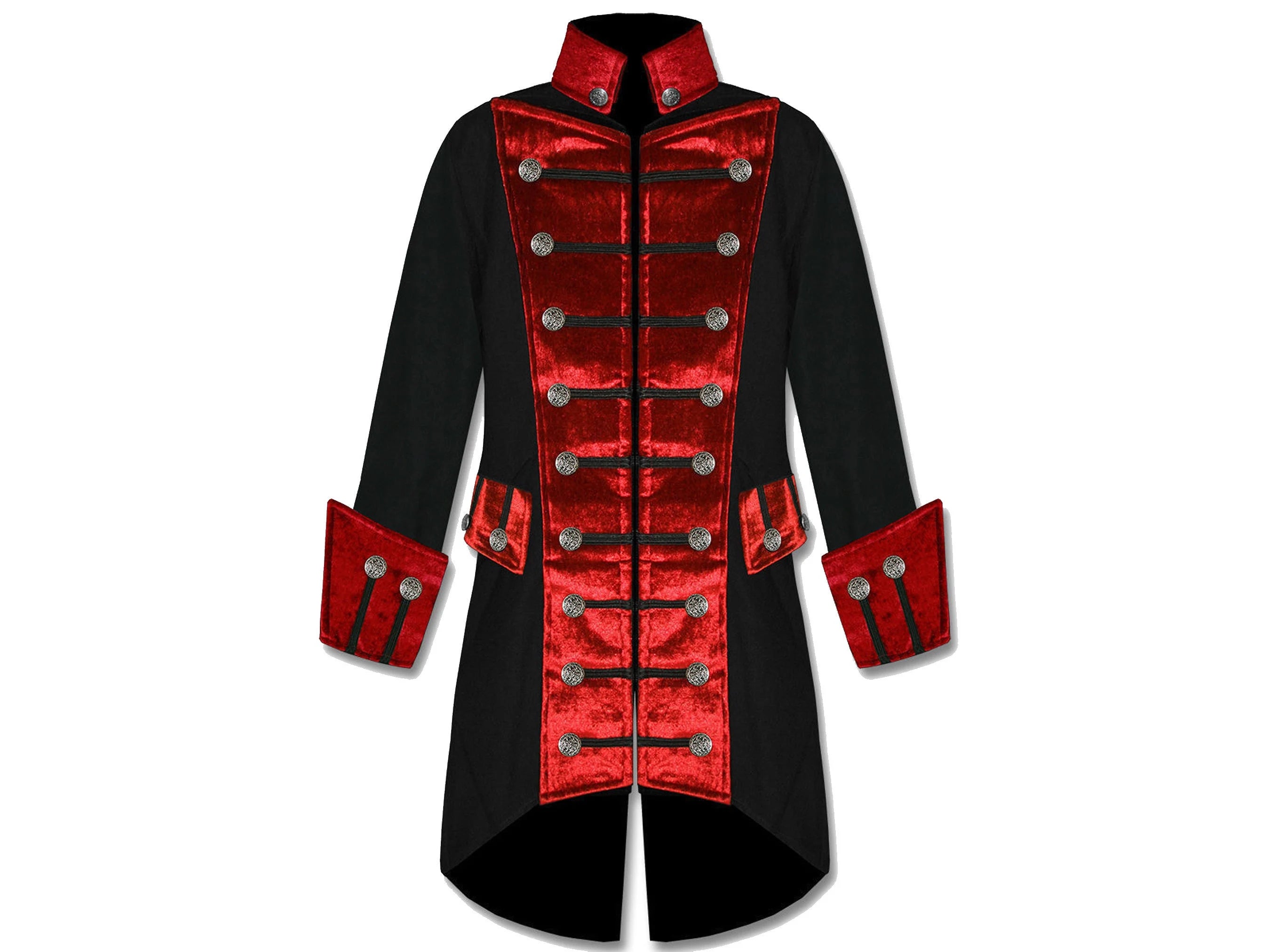 Men's Red Velvet Trim Steampunk Vampire Goth Jacket Pirate Coat