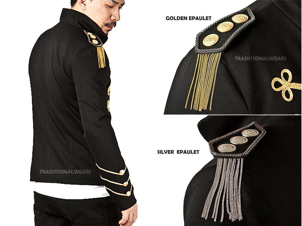 Men's Unique Modern Black Embroidery Military Napoleon Hook Jacket with epaulets