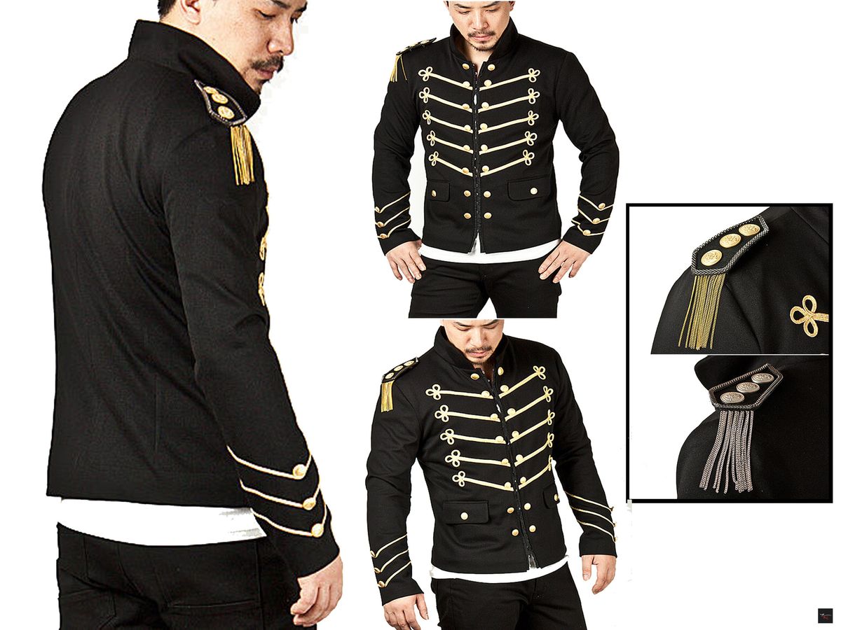 Men's Unique Modern Black Embroidery Military Napoleon Hook Jacket with epaulets