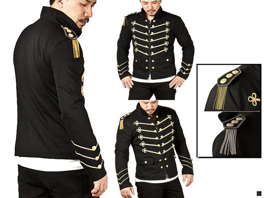 Men's Unique Modern Black Embroidery Military Napoleon Hook Jacket with epaulets
