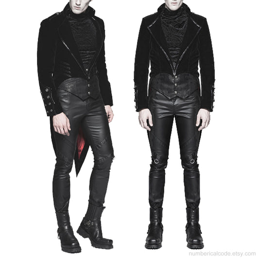 Men's Tailcoat Jacket Black Velvet Gothic Steampunk Vampire Swallowtail Costume