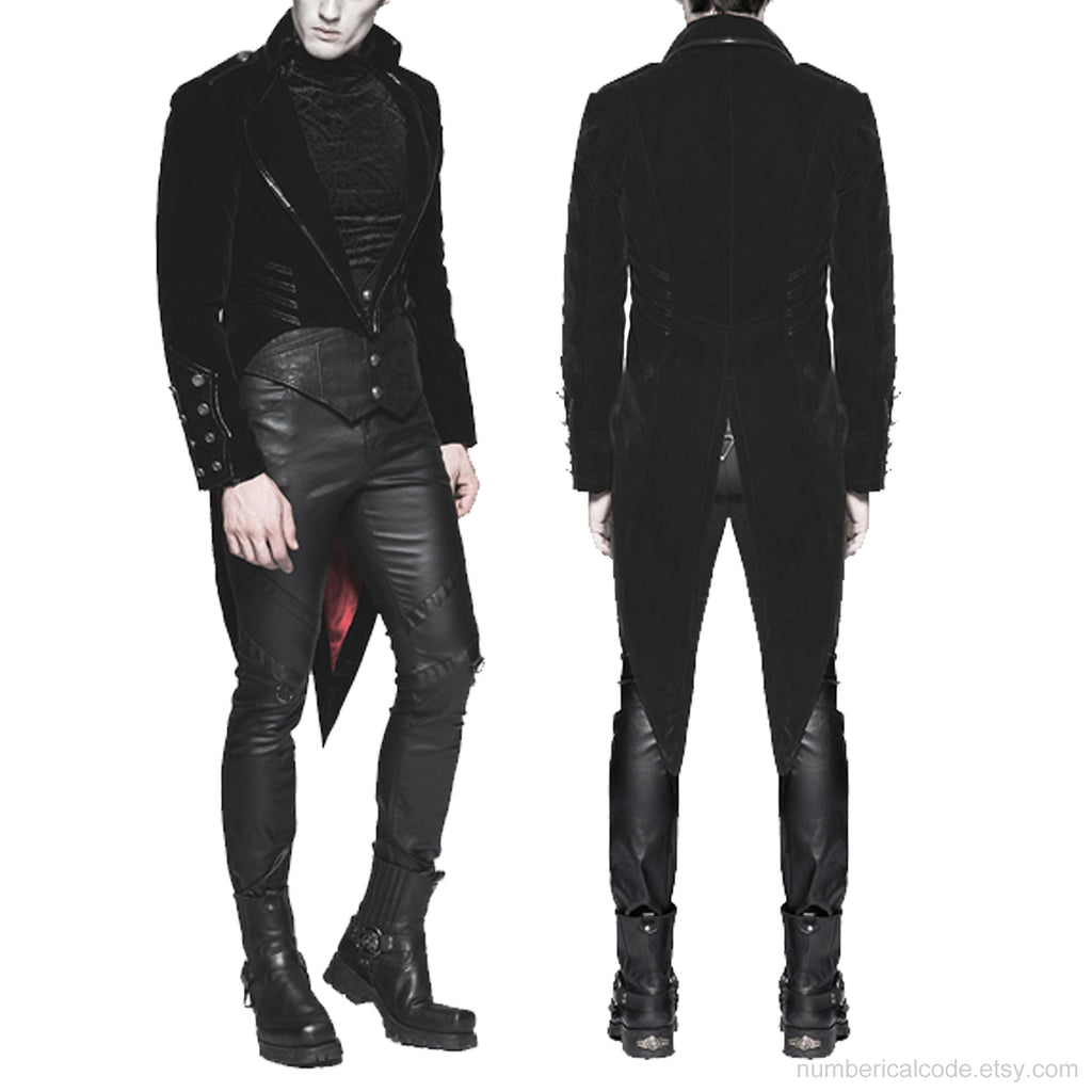 Men's Tailcoat Jacket Black Velvet Gothic Steampunk Vampire Swallowtail Costume