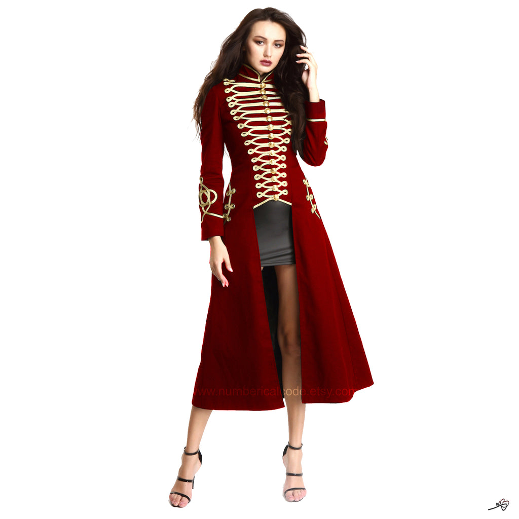 Women Red Long Gothic Coat Officer Hussar Steampunk Fashion Jacket Style Gold Gilding For Ladies