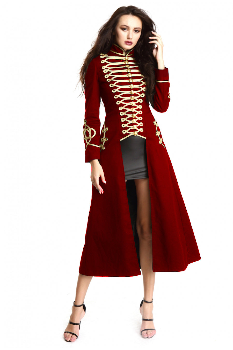 Women Red Long Gothic Coat Officer Hussar Steampunk Fashion Jacket Style Gold Gilding For Ladies