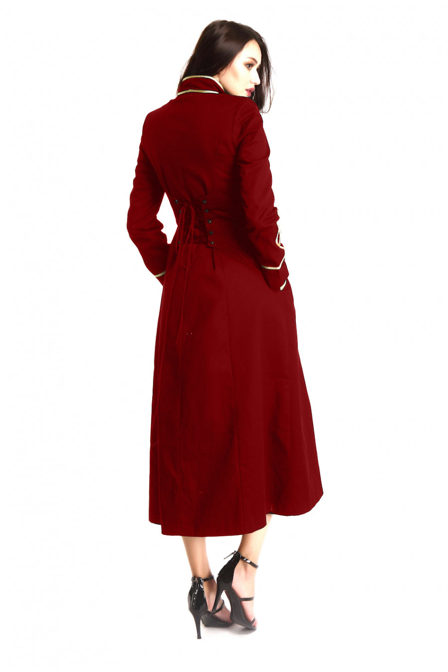 Women Red Long Gothic Coat Officer Hussar Steampunk Fashion Jacket Style Gold Gilding For Ladies