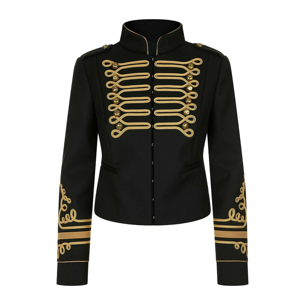 Ladies Fashion Gold Braid Jacket Women Black Cotton Military Commander Officer Hussar Banned Jacket