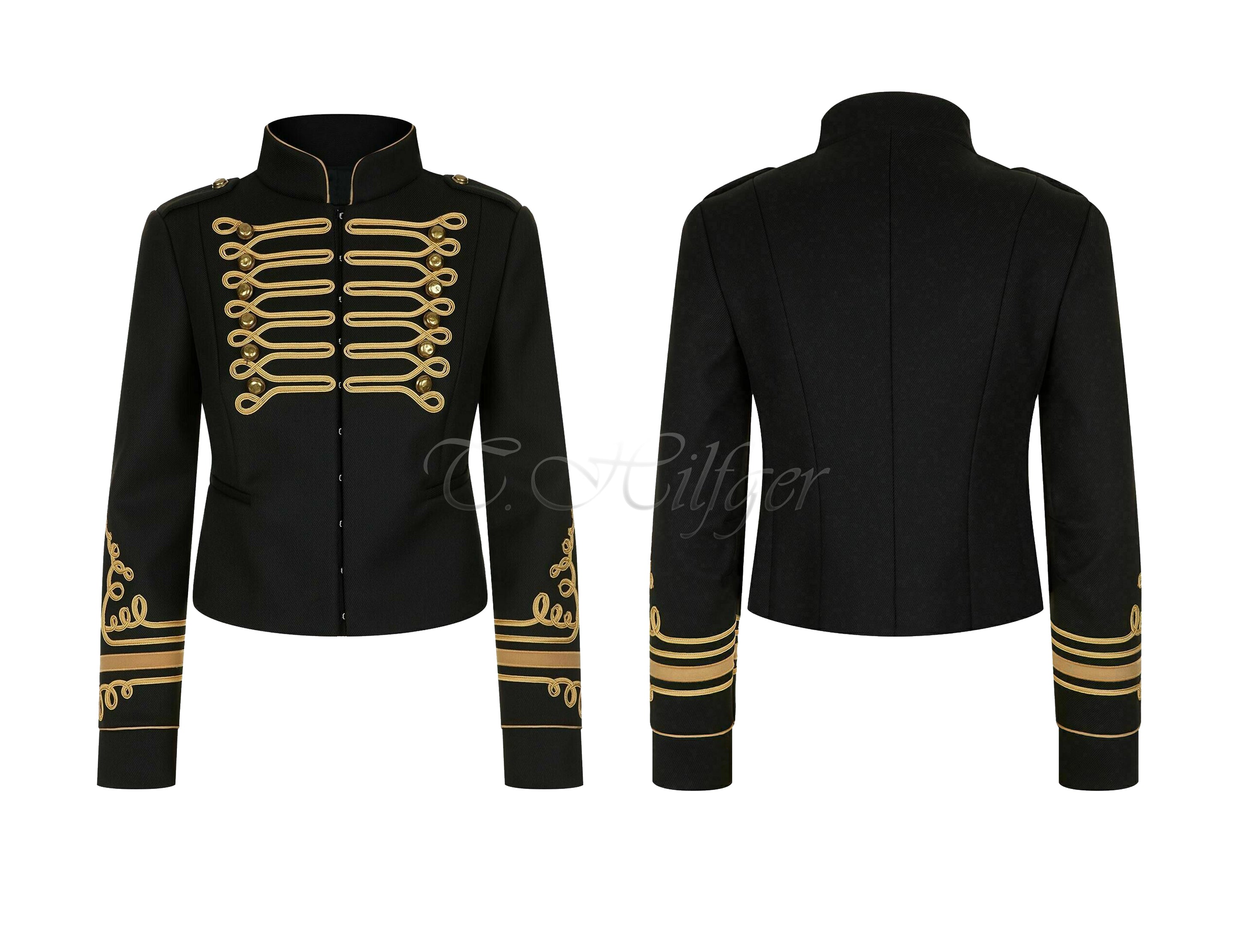 Ladies Fashion Gold Braid Jacket Women Black Cotton Military Commander Officer Hussar Banned Jacket