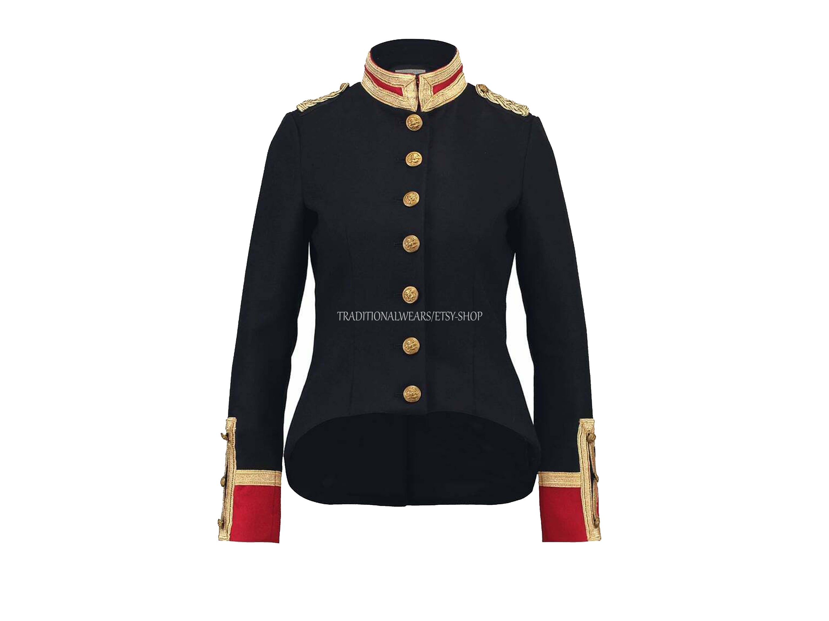 Ladies Black and Red Wool Military Commander Officer Hussar Gothic Blazer Banned Admiral Army Jacket