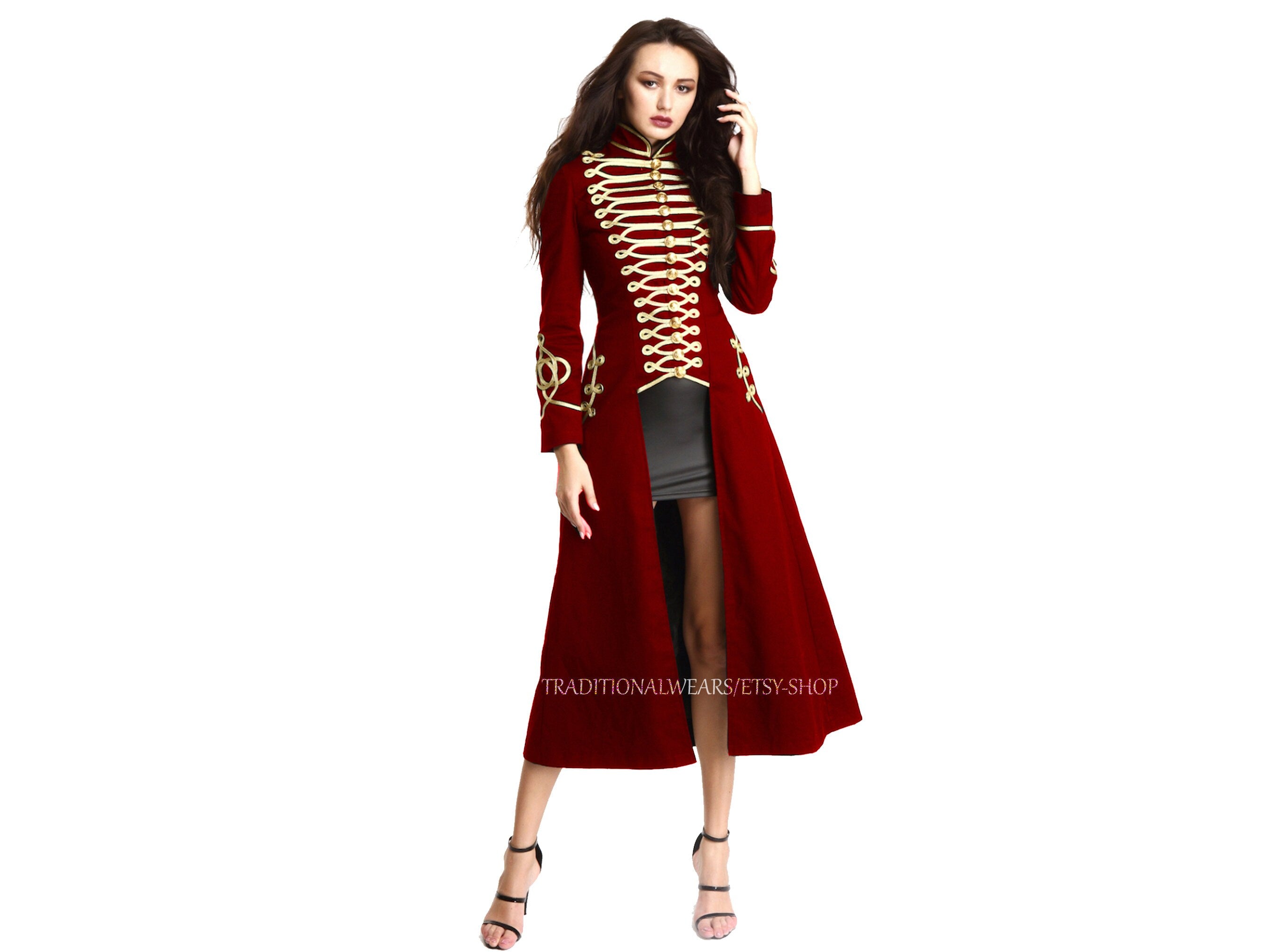 Women Red Long Gothic Coat Officer Hussar Steampunk Fashion Jacket Style Gold Gilding For Ladies