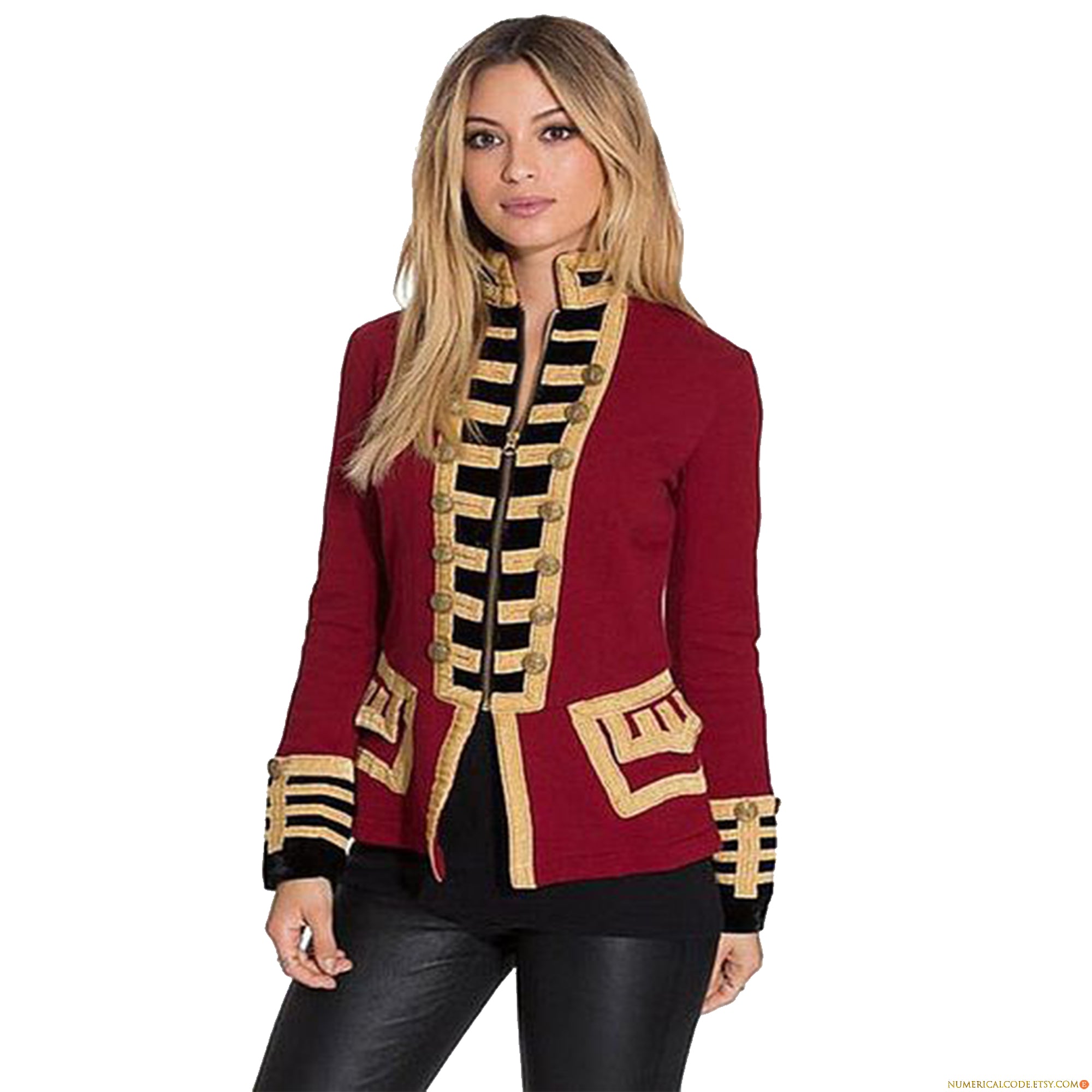 Women Military Blazer Red Wool French Terry Officer's Commander Band Jacket