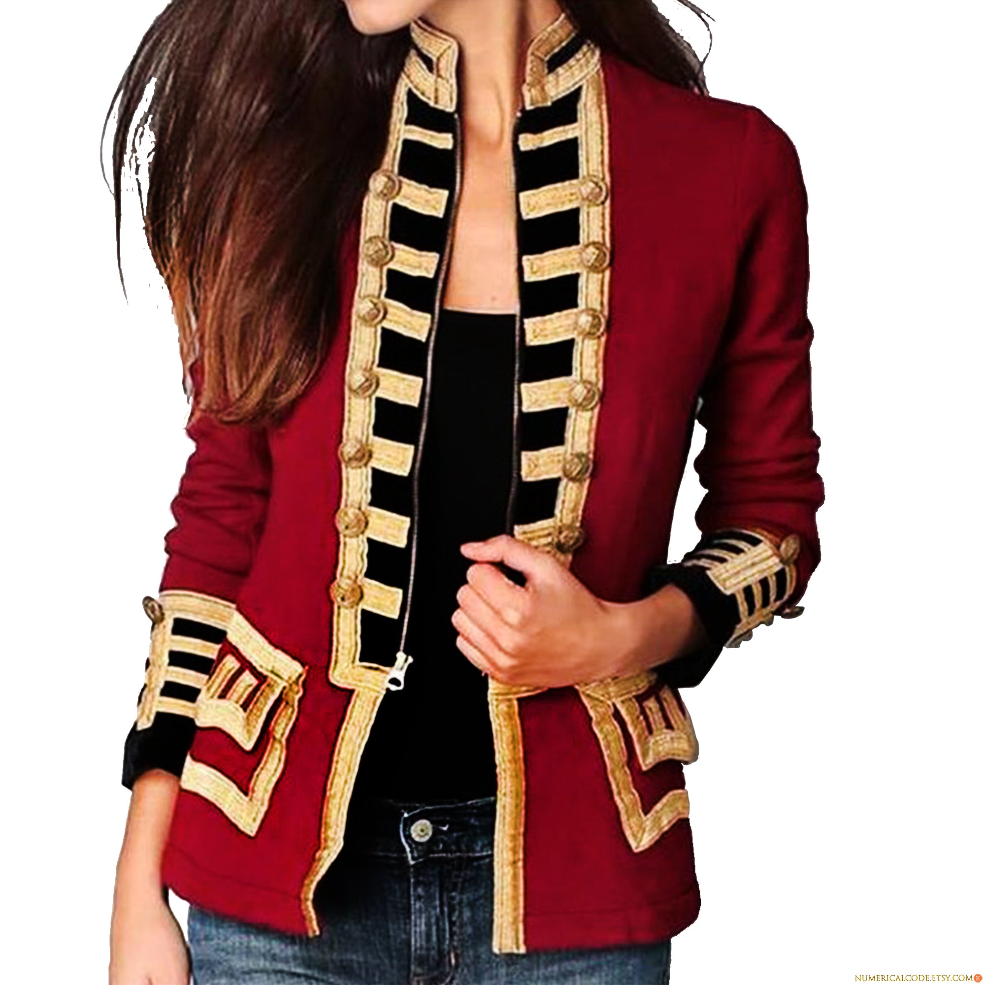 Women Military Blazer Red Wool French Terry Officer's Commander Band Jacket