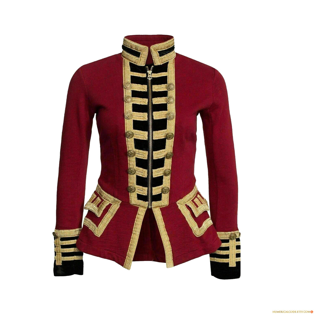 Women Military Blazer Red Wool French Terry Officer's Commander Band Jacket