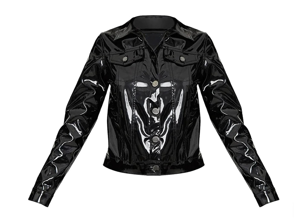 Women's Vinyl Trucker Jacket Black PVC Ladies Shiny PVC Vinyl Jacket