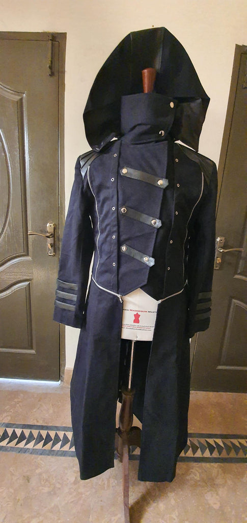 Men's Black Steampunk Military Trench Jacket Gothic Long Coat Scorpion Hooded Trench