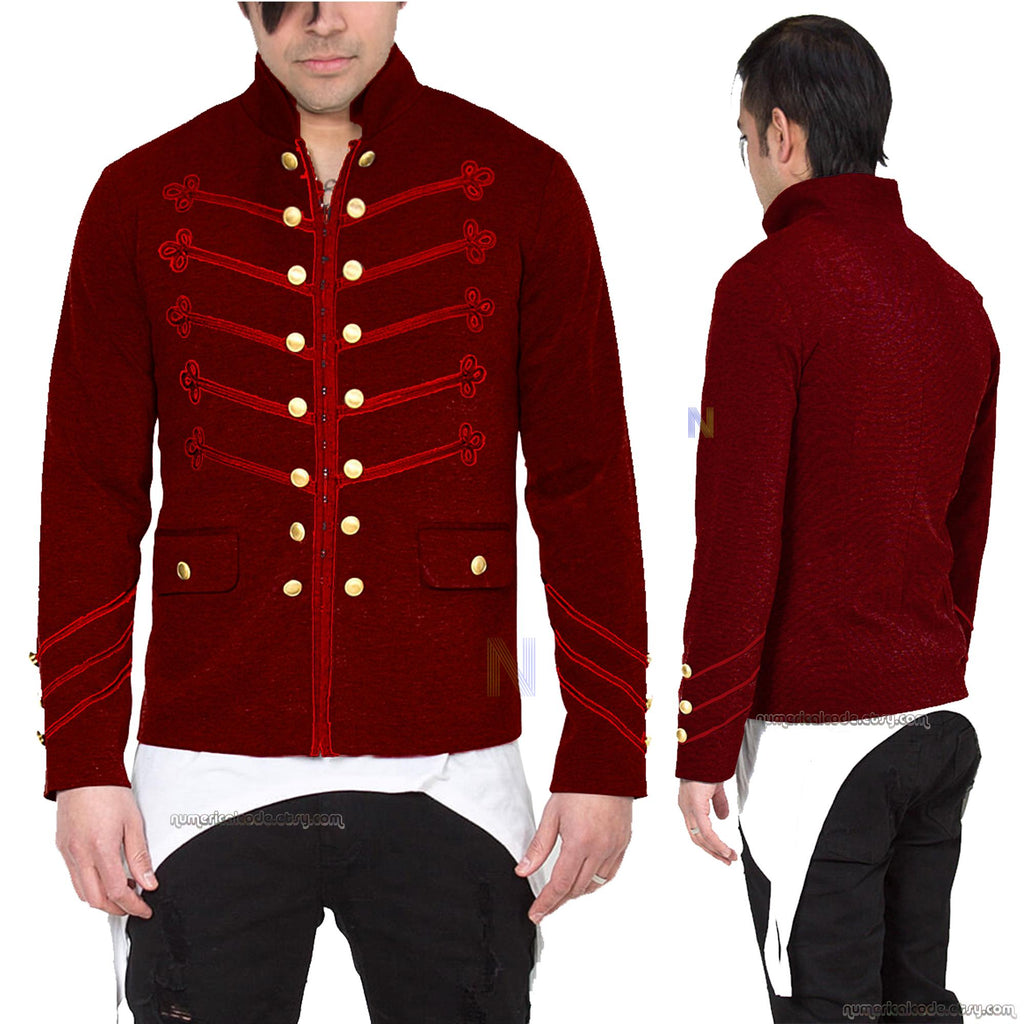 Men's Unique Modern Red Embroidery Red Velvet Military Napoleon Hook Jacket