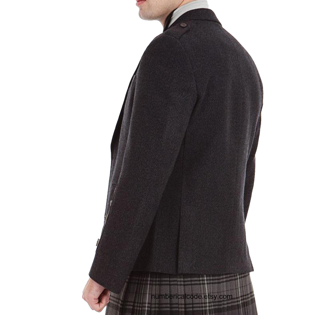Men’s Wool Scottish Highland Braemar Argyle Kilt Jacket with Waistcoat - Grey Black