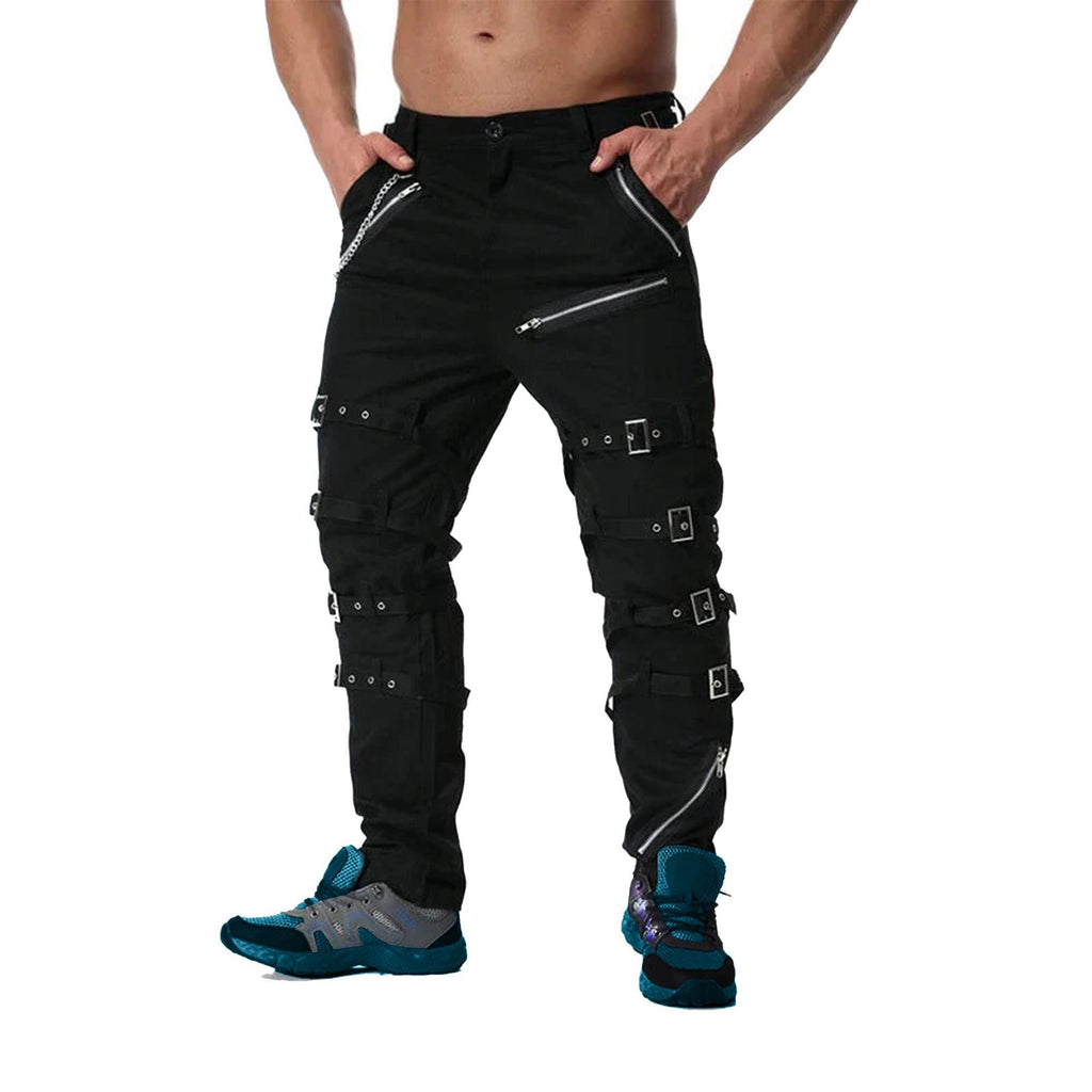 Men's Black Gothic Steampunk Punk Morte Pants Buckle Chain Trousers