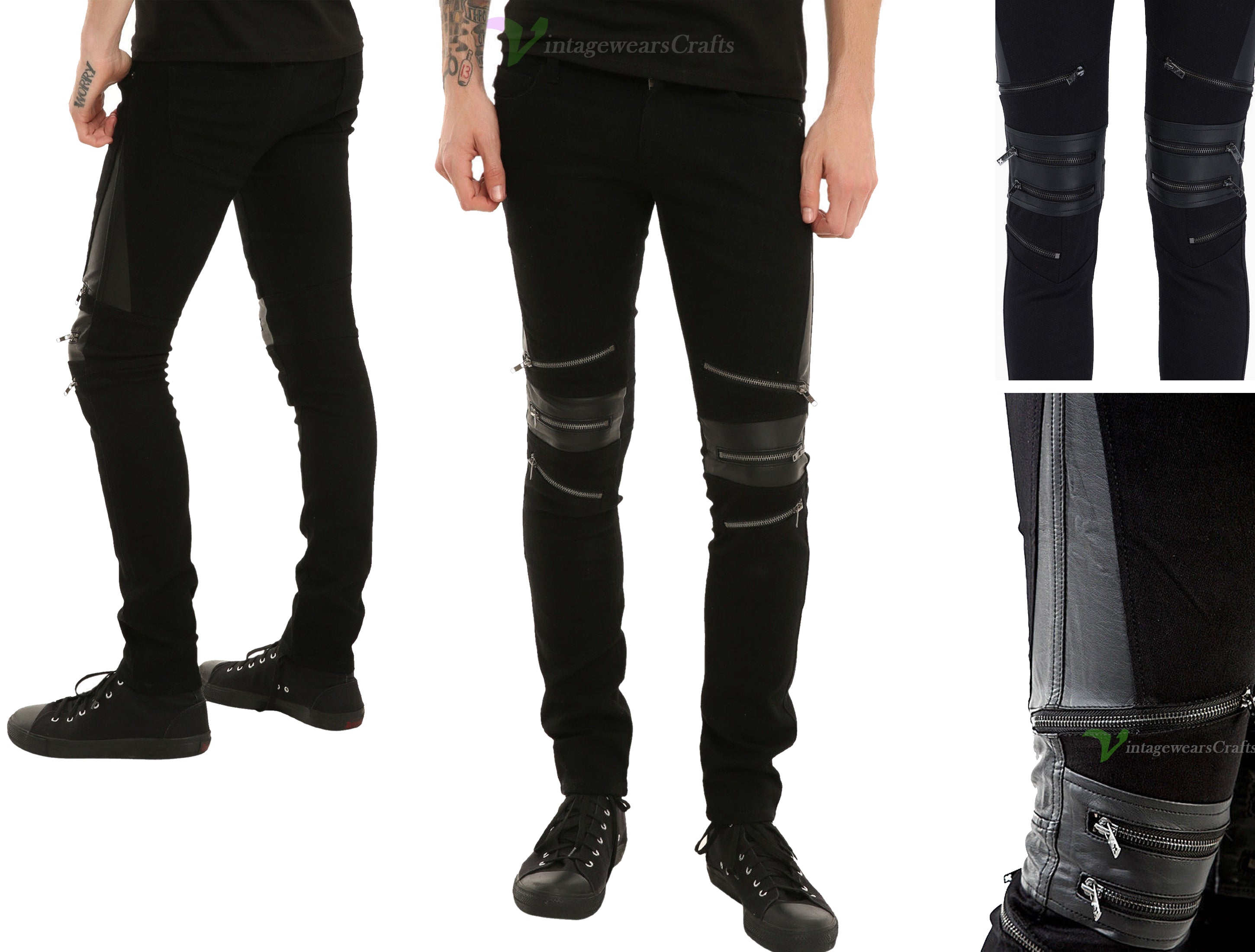Gothic Moto Biker Jeans Skinny Zipper Punk Goth Vegi Leather Unisex Pants